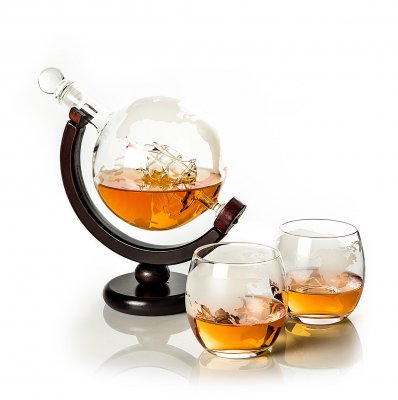 Whiskeykaraffe Globe mit 2 Gläsern und 8 Whiskeysteinen, 0,85 Liter