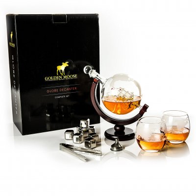 Whiskeykaraffe Globe mit 2 Gläsern und 8 Whiskeysteinen, 0,85 Liter