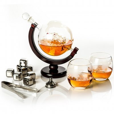 Whiskeykaraffe Globe mit 2 Gläsern und 8 Whiskeysteinen, 0,85 Liter